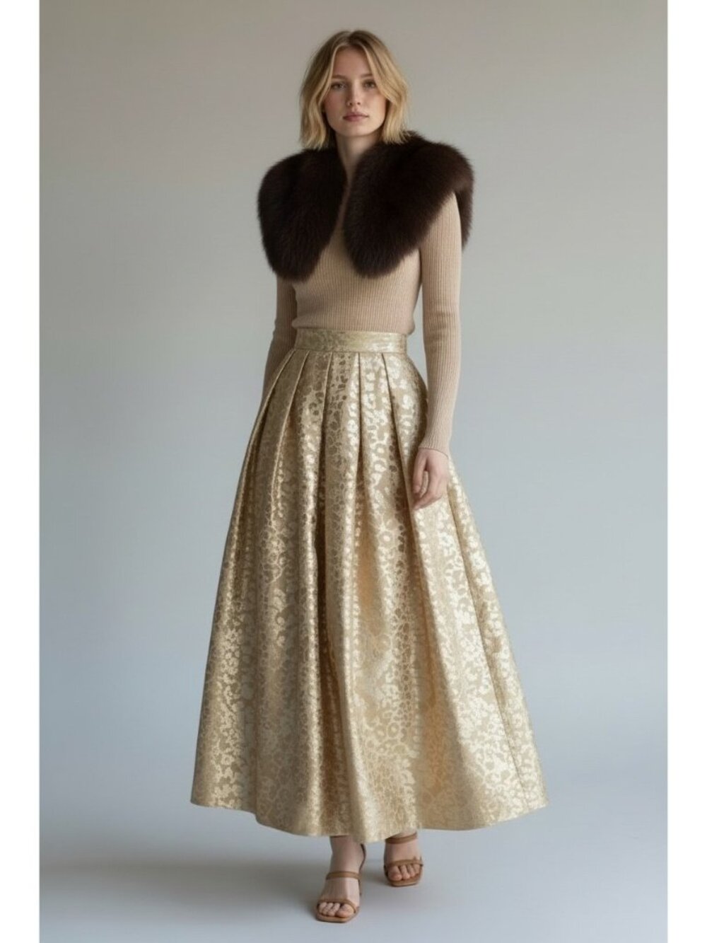 Anthropologie Pankaj Nidhi Metallic Sheer Burnout Skirt Cream Gold Leopard Sz S